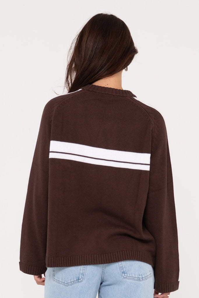 RUSTY White Lines Long Sleeve Crew Neck Knit Cappacino