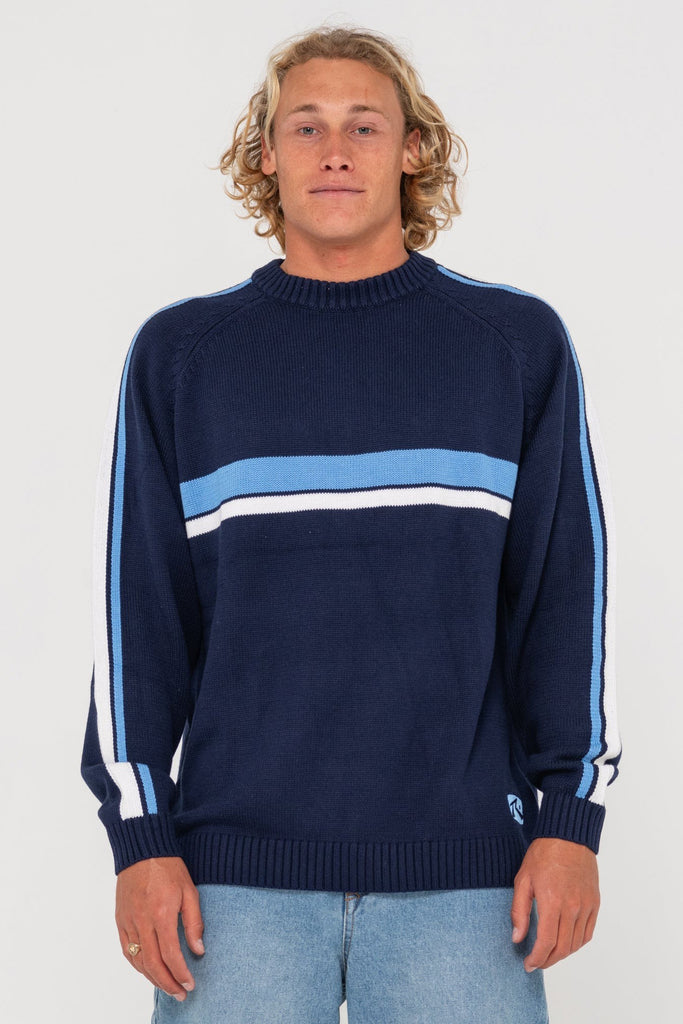 RUSTY White Lines Knit Sweater Navy Blue Ecru