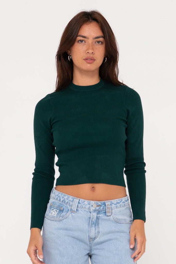 RUSTY Amelia Skimmer Long Sleeve Knit Top Dark Emerald