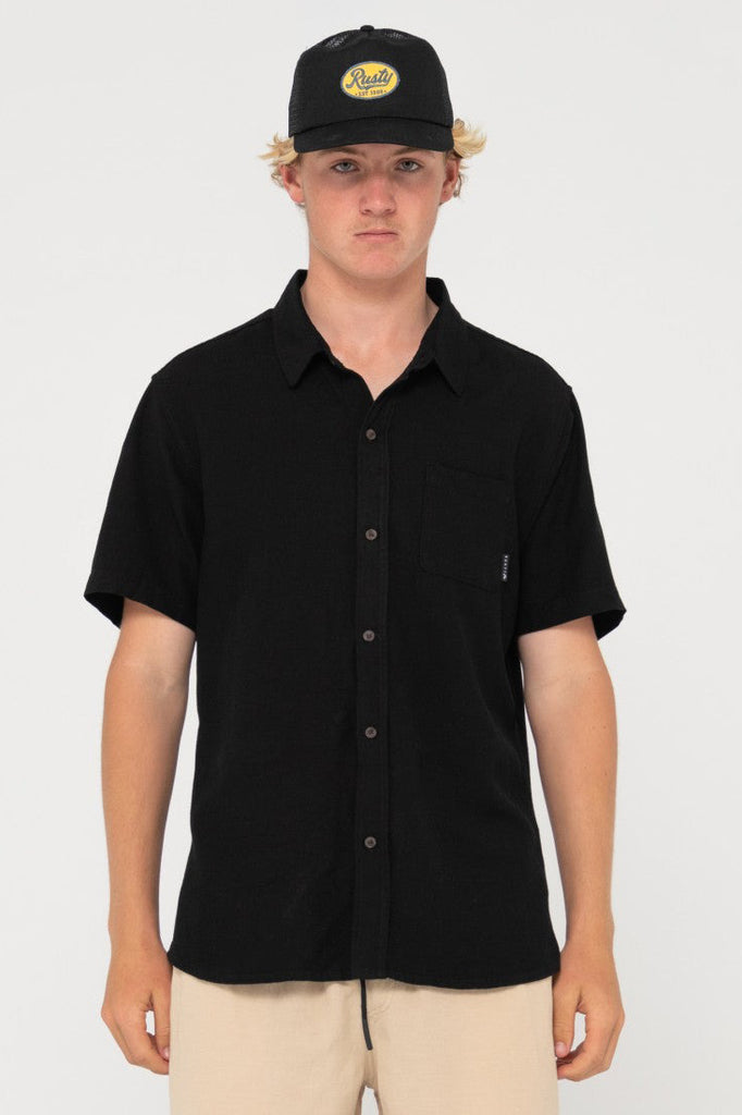 RUSTY Overtone Short Sleeve Linen Shirt Black