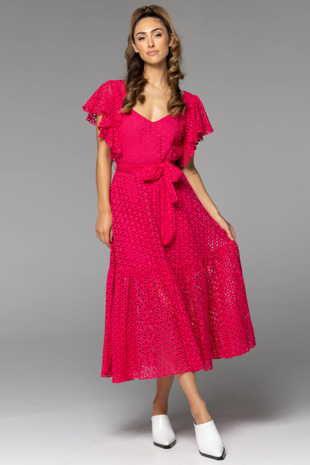 FATE + BECKER Dream Lover Broderie Midi Dress Ruby Pink