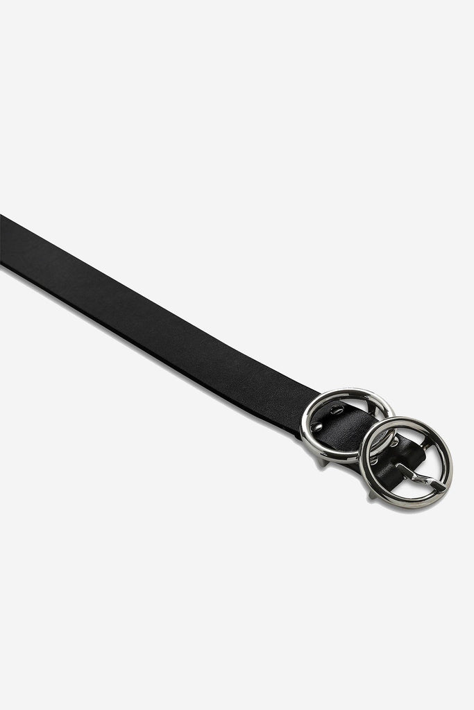 STATUS ANXIETY Mislaid Skinny Belt Black Silver Flat